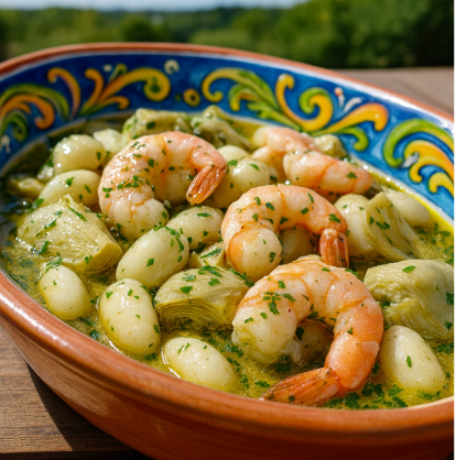 Gambas à l'Ail et aux Artichauts confiîs
