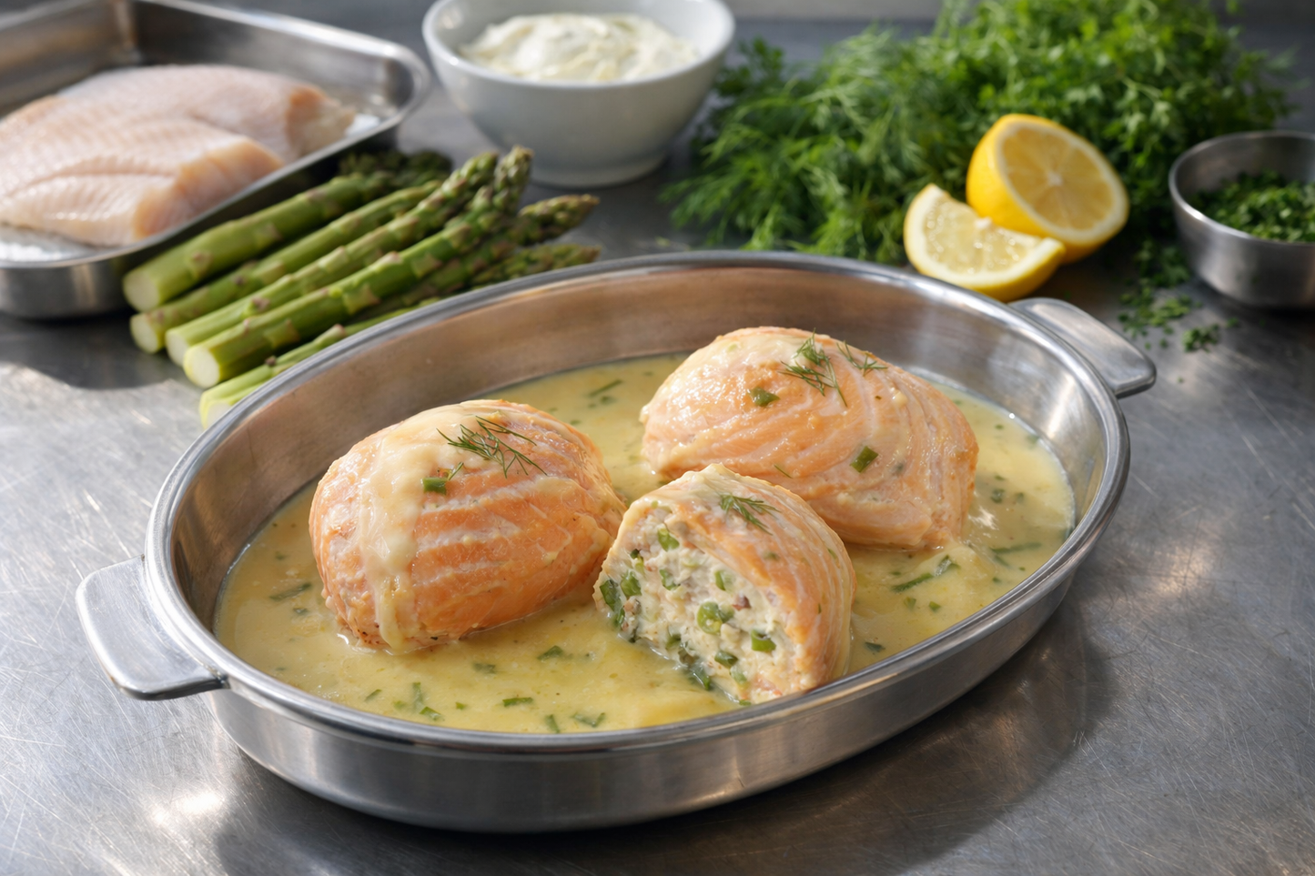 Paupiettes de saumon au citron, asperges & fines herbe x2