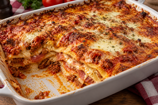Lasagnes Boeuf,;Jambon cru, béchamel et Mozza, pour 2 pers 620 g environ