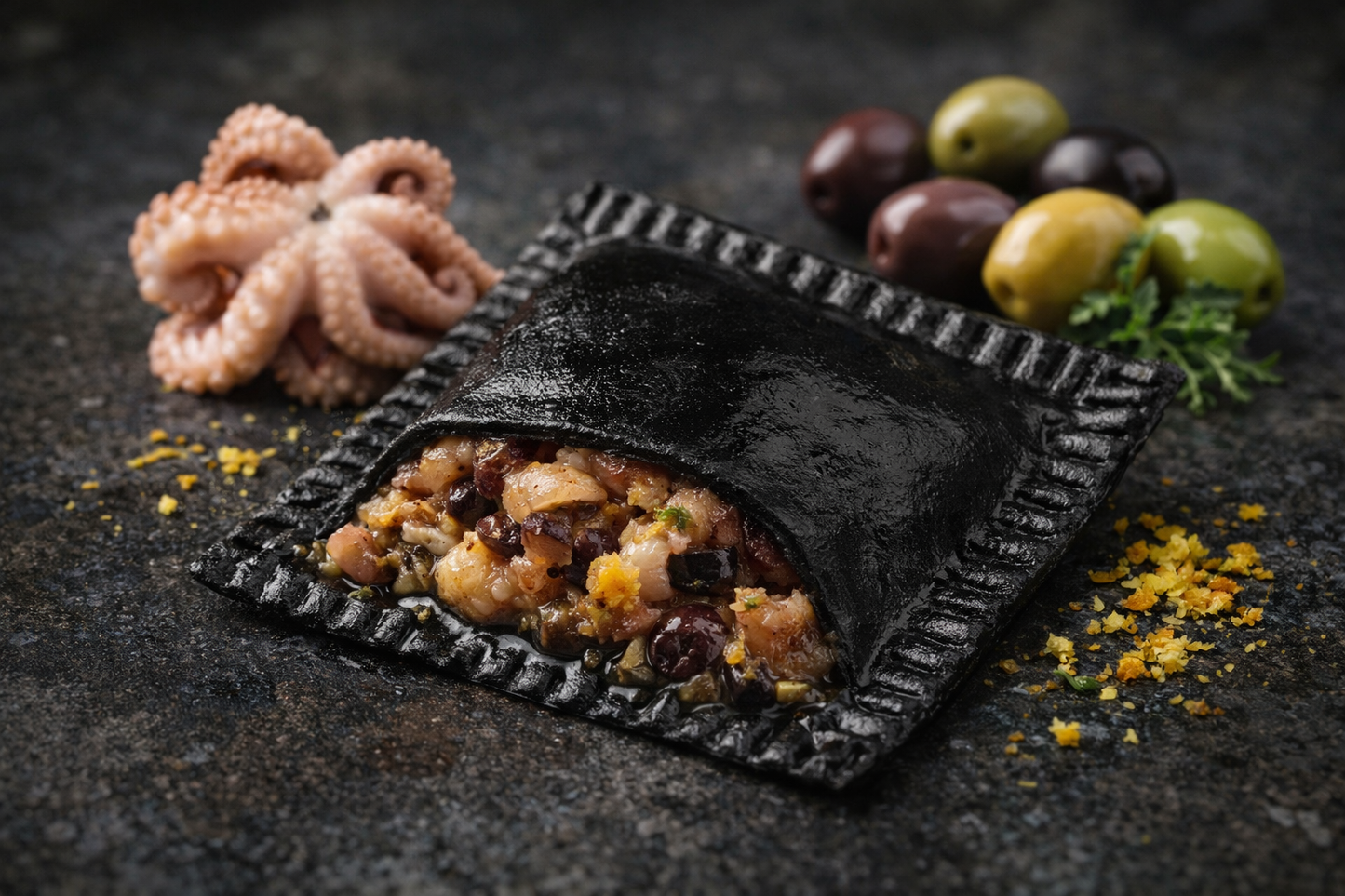 Raviolis Noirs au Poulpe, Olives & Agrumes