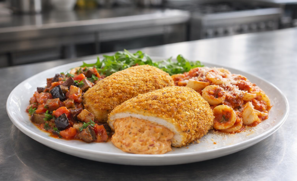 2 Steaks de Poulet panés tomate-mozza