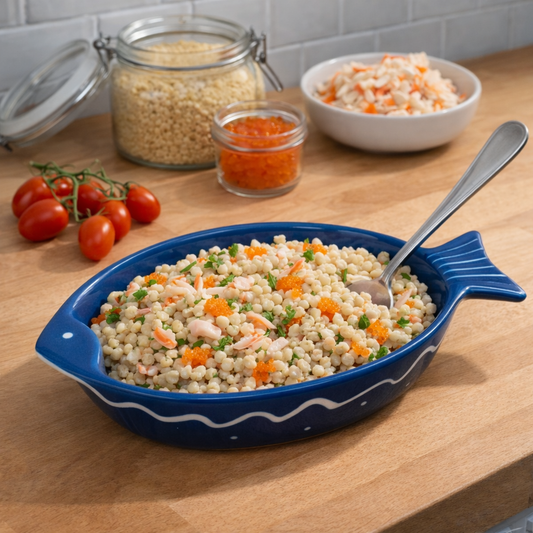 Salade Neptune: Perles de Pâtes,Oeufs de Truites et Surimi